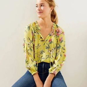 LOFT yellow flowy shirt / blouse with flowers
